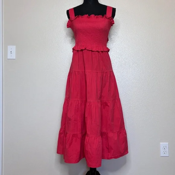 Tuckernuck Alannah Poppy Red Sleeveless Bow Smocked Cotton Midi Dress Size Small - Picture 3 of 8